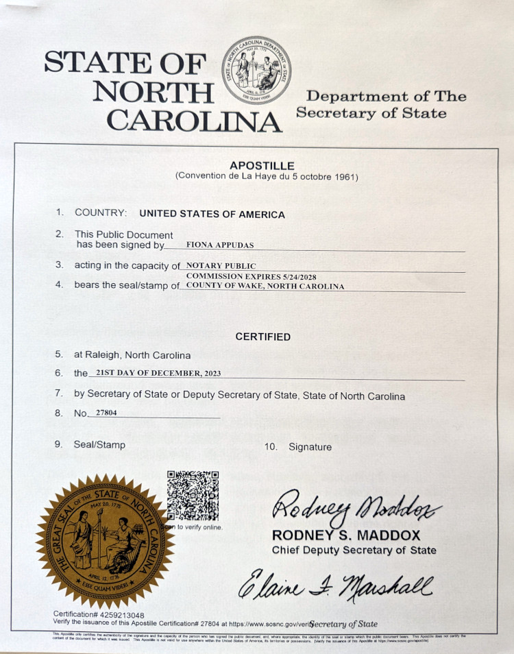 Sample of the North Carolina Apostille document